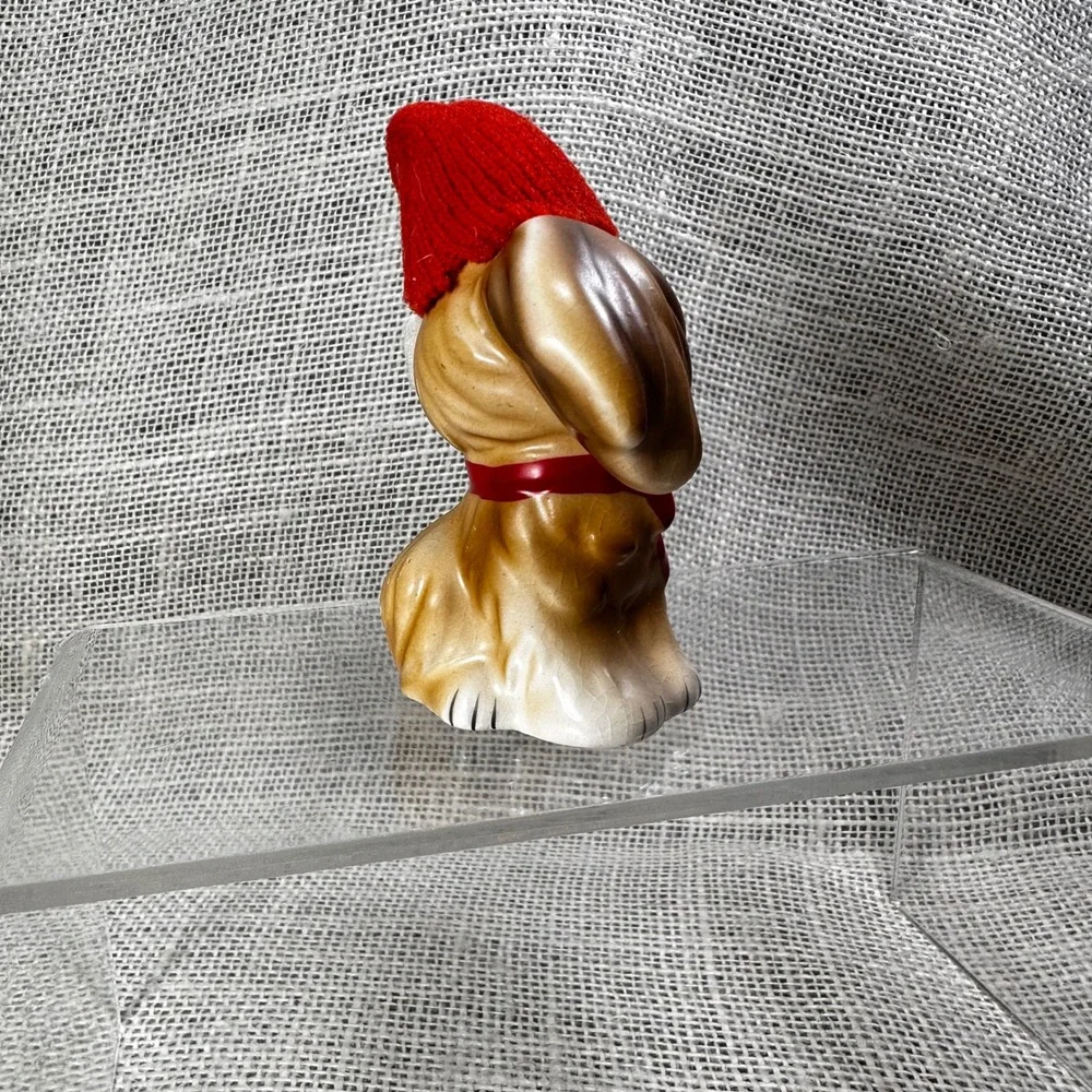 Christmas Dog Figurine Ceramic Santa Hat Red‎ Bow Japan Mid Century Kitsch Vtg